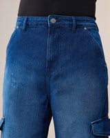 Men's Blue Baggy Fit Washed Cargo Mid-Rise Jeans