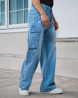 Men's Blue Baggy Fit Distressed Mid-Rise Cargo Jeans