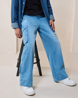 Men's Blue Baggy Fit Distressed Mid-Rise Cargo Jeans