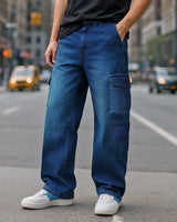Men's Blue Baggy Fit Washed Cargo Mid-Rise Jeans