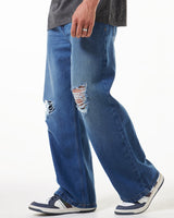 Men's Blue Washed Baggy Fit Ditsressed Mid-Rise Jeans
