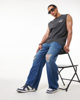 Men's Blue Washed Baggy Fit Ditsressed Mid-Rise Jeans