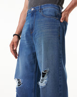 Men's Blue Washed Baggy Fit Ditsressed Mid-Rise Jeans