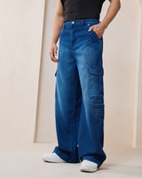 Men's Blue Baggy Fit Washed Cargo Mid-Rise Jeans