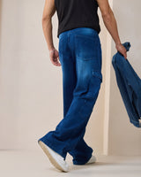 Men's Blue Baggy Fit Washed Cargo Mid-Rise Jeans