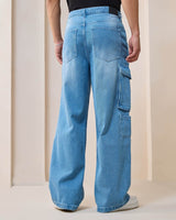 Men's Blue Baggy Fit Distressed Mid-Rise Cargo Jeans