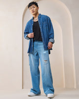 Men's Blue Baggy Fit Distressed Mid-Rise Cargo Jeans
