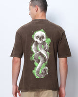 Men's Brown Death Mark Graphic Printed Oversized Acid Wash Tshirt