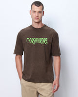 Men's Brown Death Mark Graphic Printed Oversized Acid Wash Tshirt