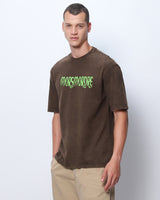 Men's Brown Death Mark Graphic Printed Oversized Acid Wash Tshirt