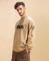 Men's Brown Minion Badge Graphic Printed Oversized Tshirt
