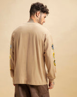 Men's Brown Minion Badge Graphic Printed Oversized Tshirt