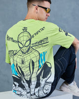 Men's Green & White Spiderman Graphic Printed Ombre Oversized Tshirt