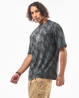 Men's Grey & Black Hogwarts All Over Printed Oversized Tshirt