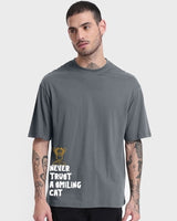 Men's Grey Smiling Cat Graphic Printed Oversized Tshirt