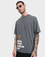 Men's Grey Smiling Cat Graphic Printed Oversized Tshirt