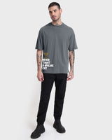 Men's Grey Smiling Cat Graphic Printed Oversized Tshirt