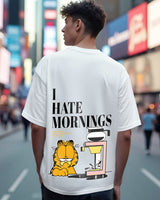 Men's White Garfield Hates Mornings Graphic Printed Oversized Tshirt