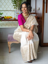 Women's White Cotton Silk Saree with Blouse Piece