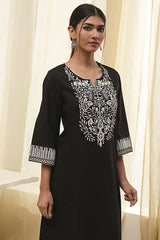 Women's Black Festive Three Quarter Sleeves Kurta