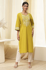 Women's Yellow Festive Three Quarter Sleeves Kurta