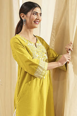 Women's Yellow Festive Three Quarter Sleeves Kurta