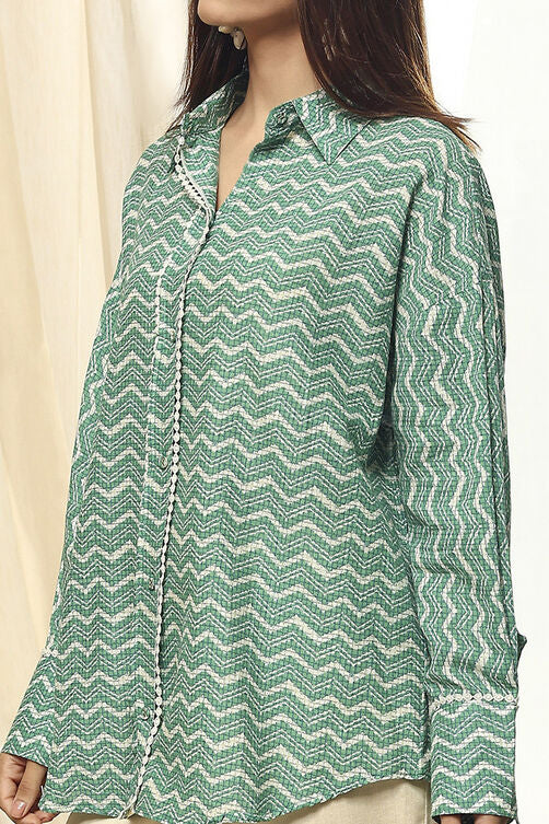 Women's Green Festive Three Quarter Sleeves Shirt