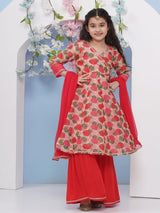Girls Red Floral Printed Angrakha Kurta and Sharara With Dupatta
