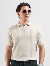 Men's White Slim Fit Textured Polo Collar Tshirt