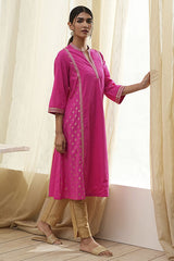 Women's Pink Festive Three Quarter Sleeves Kurta