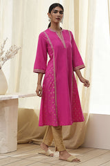 Women's Pink Festive Three Quarter Sleeves Kurta