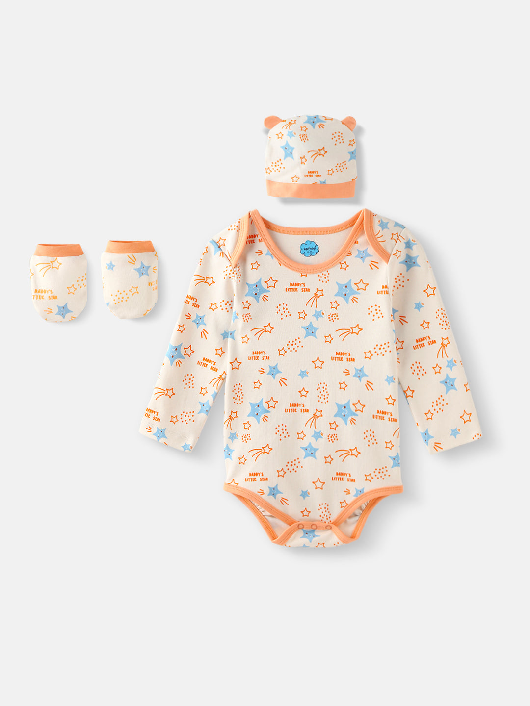 Infants Soft Cotton Star Print Bodysuit With Mittens And Beanie