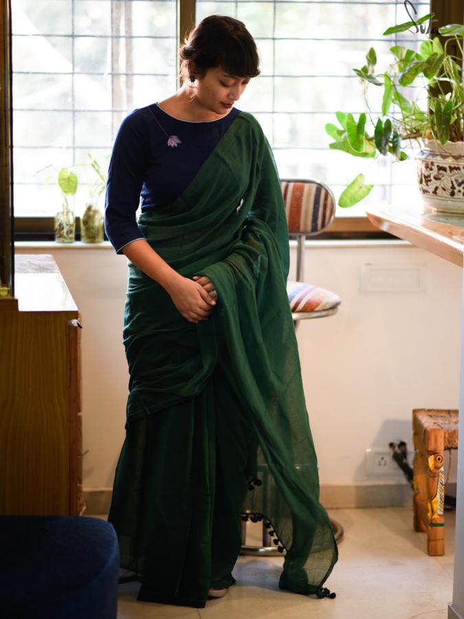 Women's Green Mul Cotton Saree