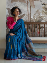Women's Cotton Blue without Blouse Piece Saree