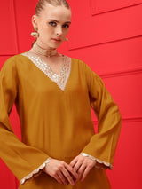 Women's Yellow V-Neck Lace Detailing Straight Kurta With Patiala