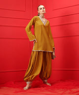 Women's Yellow V-Neck Lace Detailing Straight Kurta With Patiala