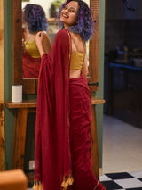 Women's Red Mul Cotton Saree