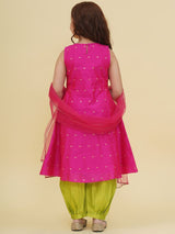 Girls Pink Self Design Kurta and Afgani Salwar With Dupatta