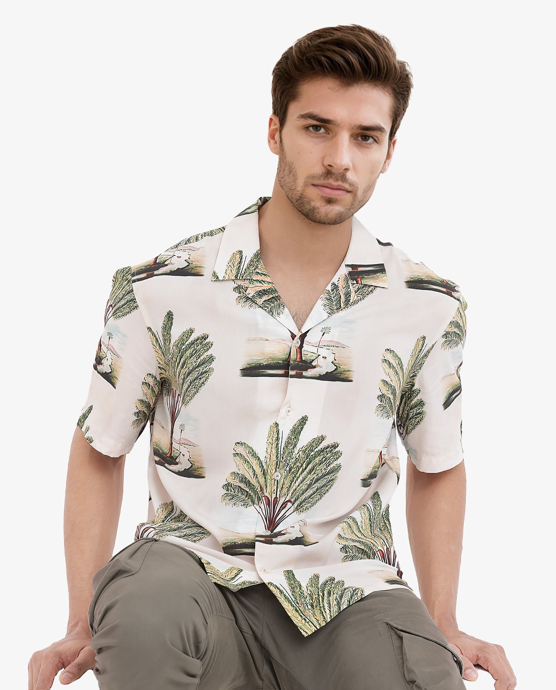 Men's Beige Casual Regular Fit Printed Half Sleeves Shirt