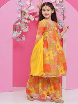 Girls Yellow Floral Printed Alia Design Kurta and Sharara With Dupatta