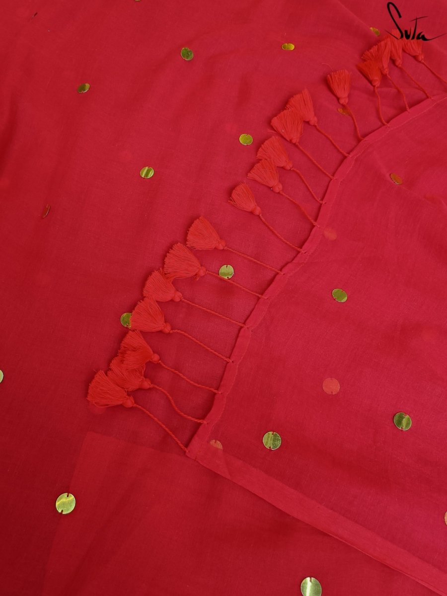 Women's Red Mul Cotton Saree
