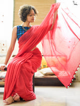 Women's Red Mul Cotton Saree