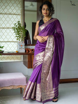 Women's Purple Cotton Silk Saree with Blouse Piece