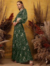 Women's Green Floral Printed V-Neck Top & Skirt