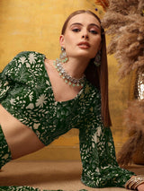 Women's Green Floral Printed V-Neck Top & Skirt