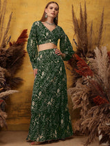 Women's Green Floral Printed V-Neck Top & Skirt