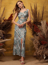 Women's Blue Printed Sweetheart Neck Cut-Out Detail Maxi Ethnic Dress