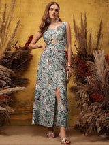 Women's Blue Printed Sweetheart Neck Cut-Out Detail Maxi Ethnic Dress