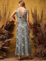 Women's Blue Printed Sweetheart Neck Cut-Out Detail Maxi Ethnic Dress