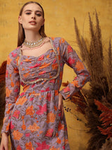 Women's Purple Floral Printed Ethnic Dress